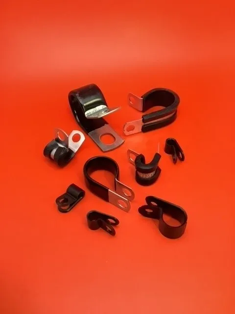 A group of different types of metal clamps.