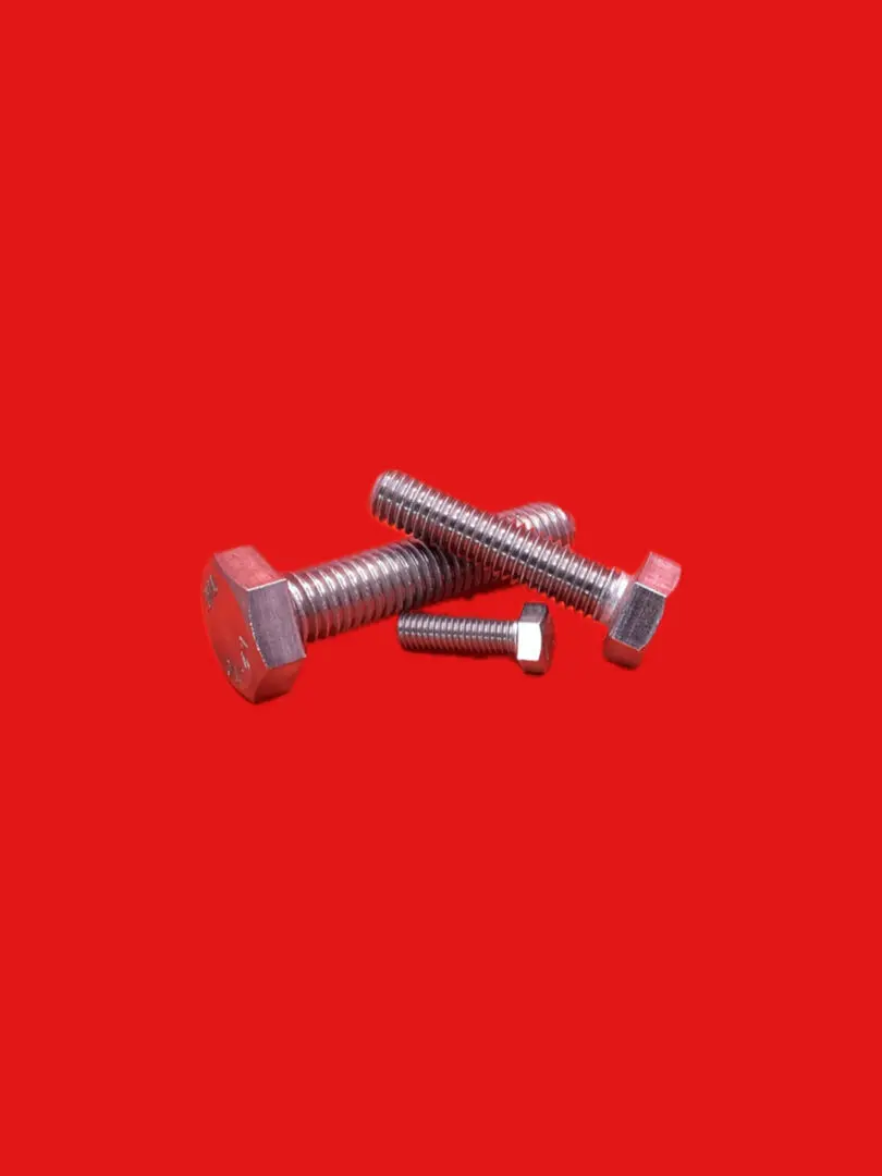 Here's an alt tag for the image: `Three metallic bolts on red background`