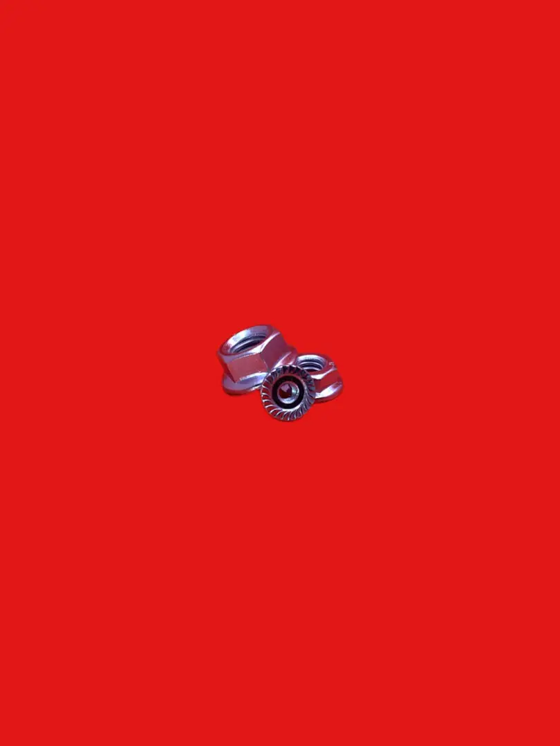 Here's a short alt tag for the image: Two metal nuts on red background.