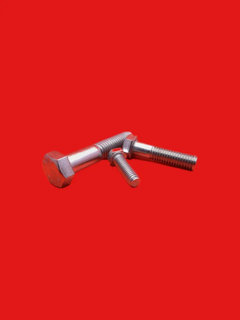 Here's an 8-word alt tag for the image: Three metallic bolts on a red background.